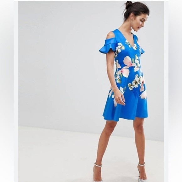 Ted Baker Blue Floral Amber Harmony Cold Shoulder Dress | Size 1 - Picture 2 of 9